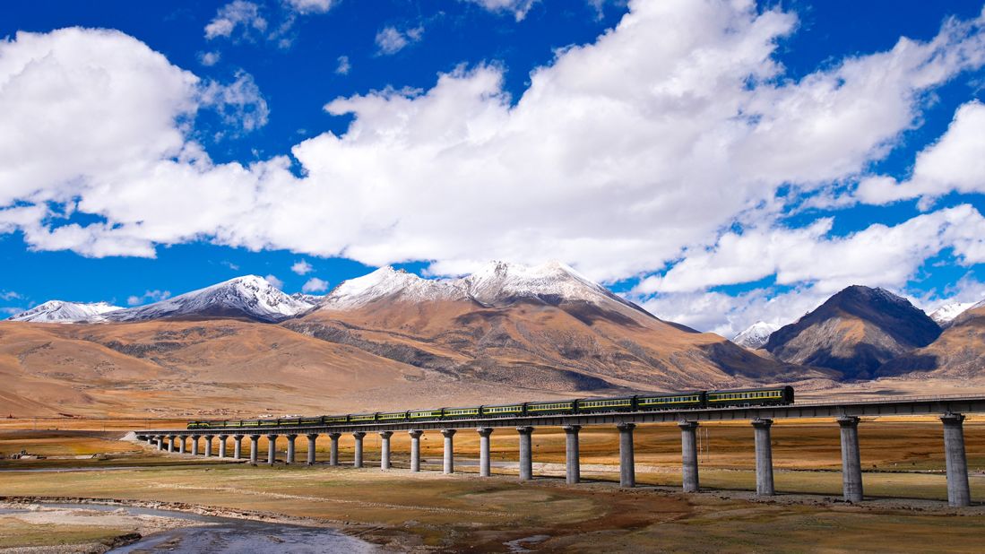 <strong>Qinghai-Tibet Railway, China:</strong> Known as the "Railway to Heaven," the 1,215-mile route from Xining to Lhasa tops out at the Tanggula Pass, 16,627 feet above sea level and uses pressurized carriages to minimize the affects of altitude on passengers.