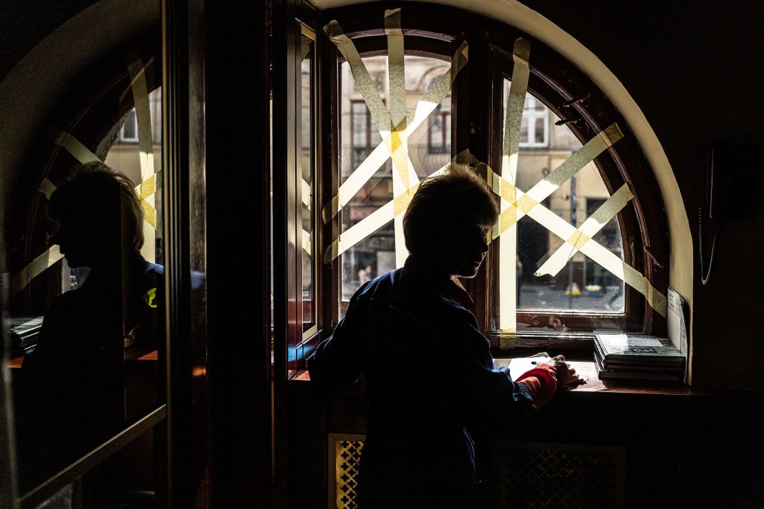 The theater's windows are taped up to protect them in the event of a Russian airstrike. 