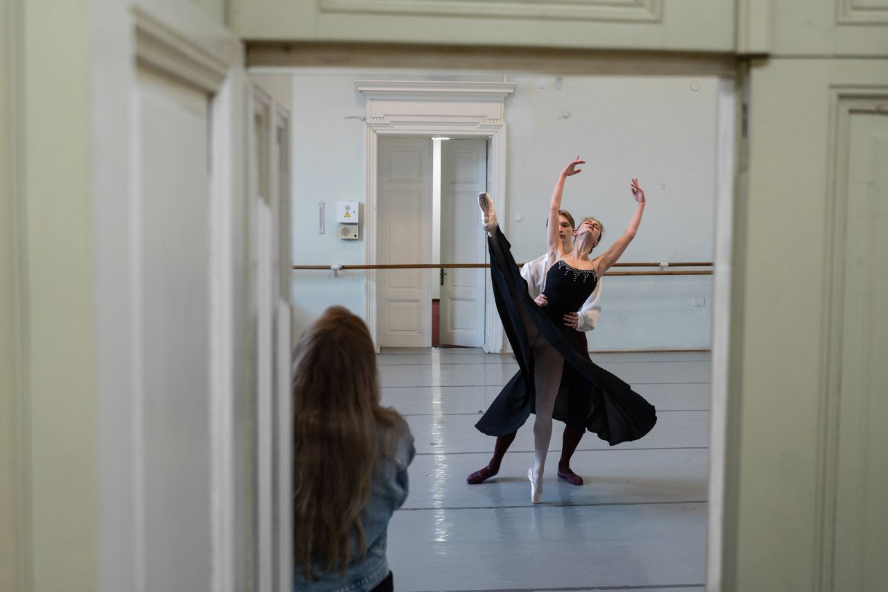 Dancers Daria Kosmina and Dmytro Kolomiets practice for an upcoming performance. 