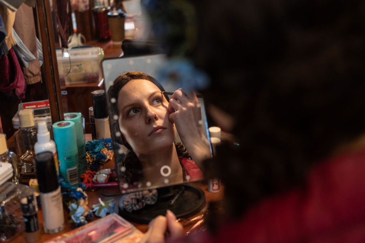 Daryna Kirik, 21, a leading ballet dancer at the Lviv Opera, prepares for the show.