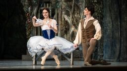 Daryna Kirik, 21, and Olexandr Omelchenko, performing the ballet "Giselle." During the war, a full-scale performance will be shown at the opera for the first time.