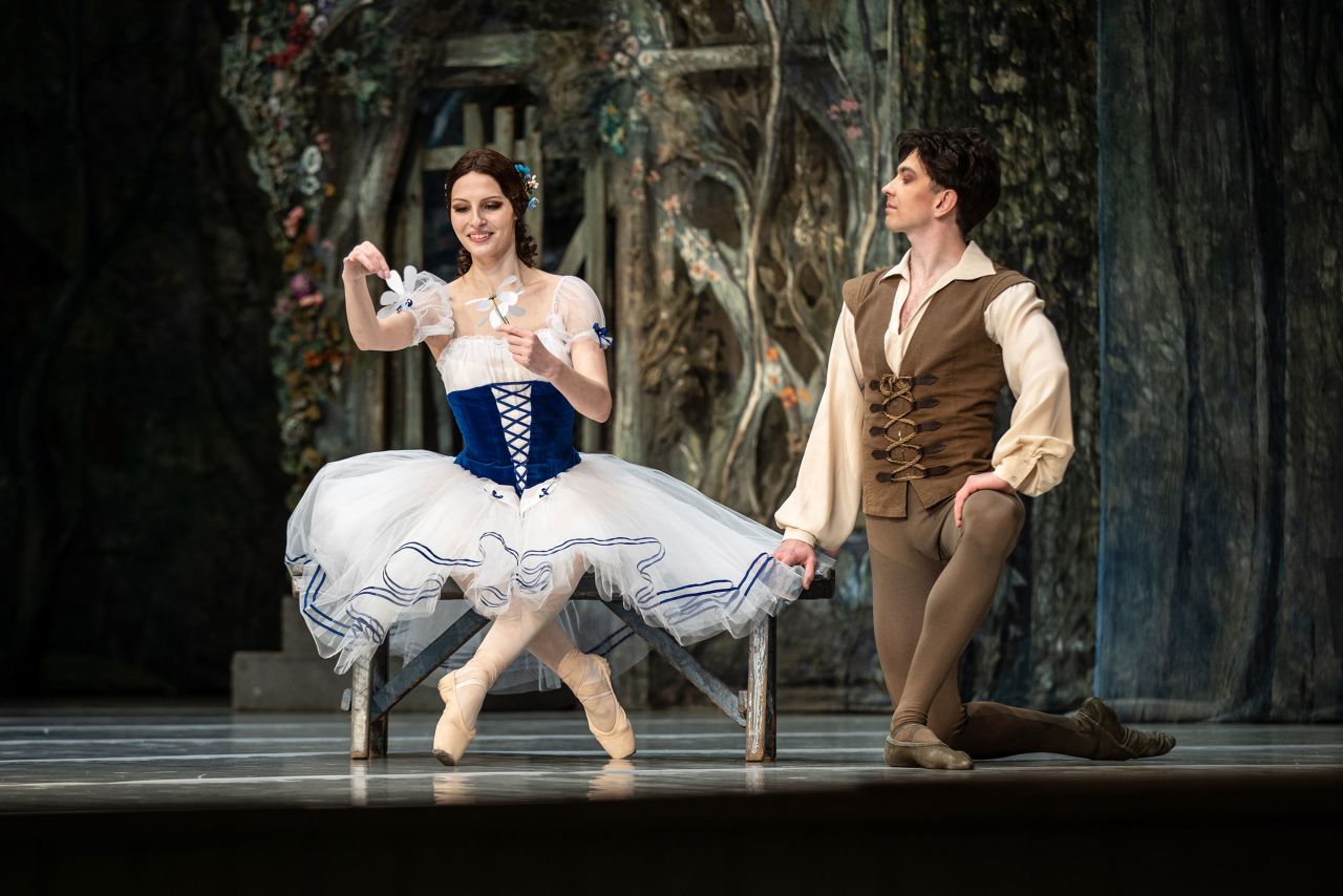 Daryna Kirik and Olexandr Omelchenko perform the ballet "Giselle" -- the first full performance to be shown at the Lviv National Opera since the start of the war.