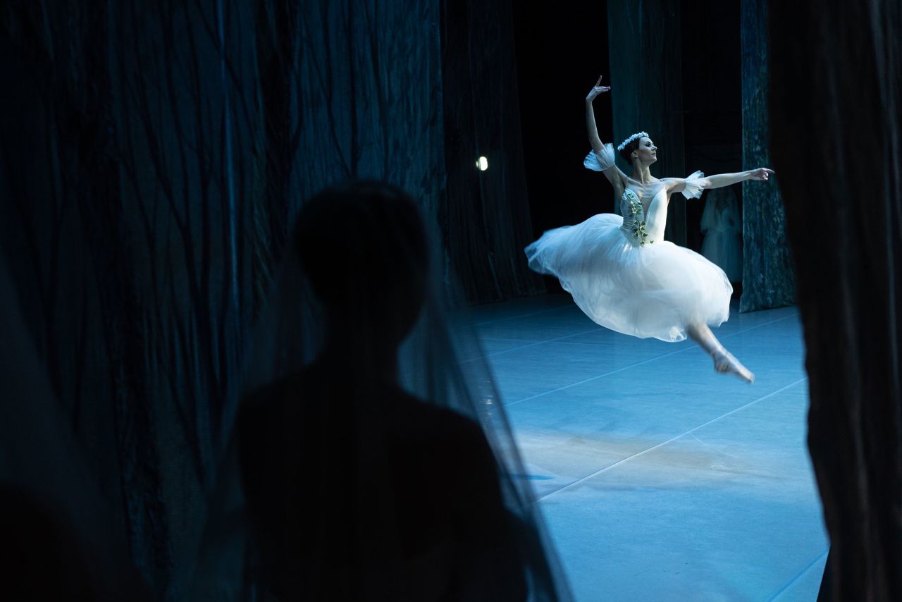 A dancer leaps while performing the classic ballet "Giselle." 
