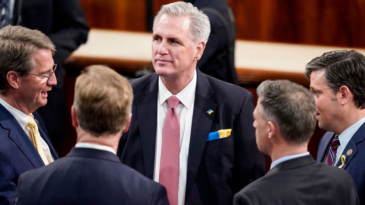 U.S. House Minority Leader Kevin McCarthy, a Republican from California, center, before a State of the Union address by U.S. President Joe Biden at the U.S. Capitol in Washington, D.C., U.S., on Tuesday, March 1, 2022. Biden's first State of the Union address comes against the backdrop of Russia's invasion of Ukraine and the subsequent sanctions placed on Russia by the U.S. and its allies. 