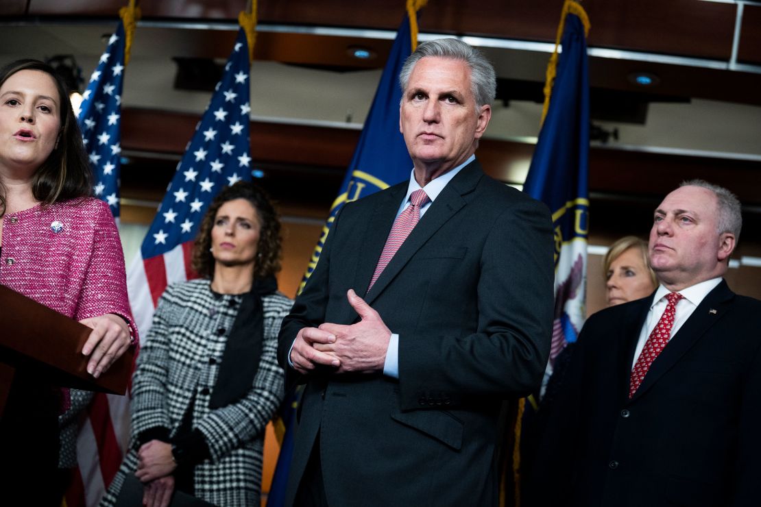 House Minority Leader Kevin McCarthy, center, House Minority Whip Steve Scalise, R-La., and House Republican Conference Chair Elise Stefanik, R-N.Y., in the Capitol Visitor Center on January 20, 2022.