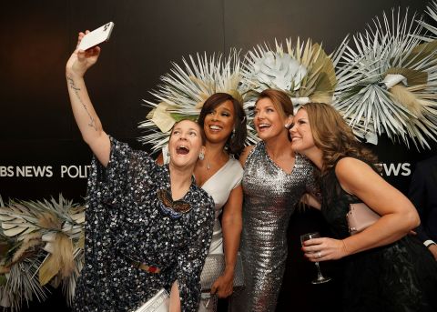 From left, Drew Barrymore, Gayle King, Norah O'Donnell and Wendy McMahon take a selfie at a reception ahead of the White House correspondents' dinner.