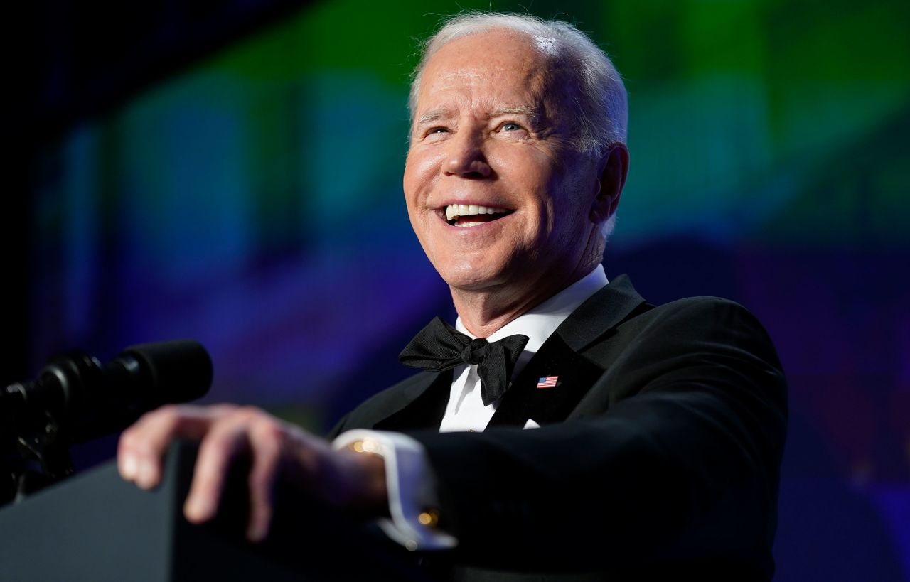 US President Joe Biden speaks during the annual White House Correspondents' Dinner in Washington, DC, on April 30.