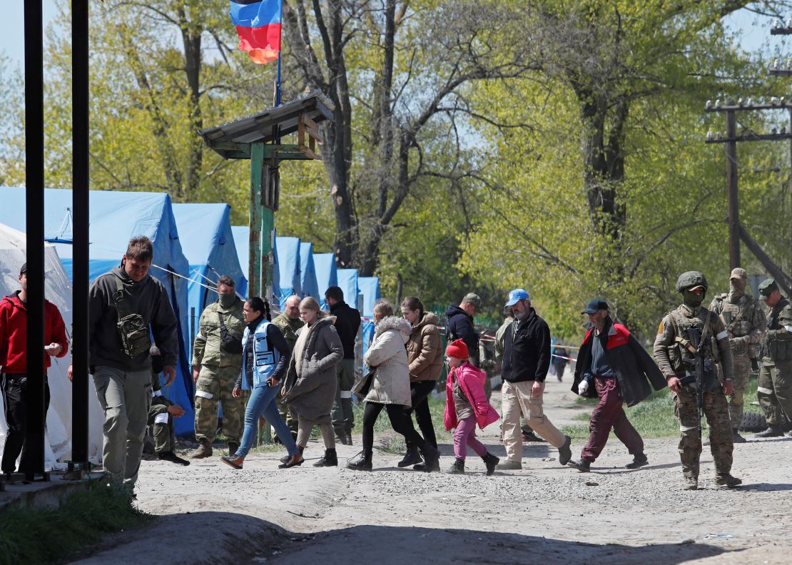 Civilians evacuated from Mariupol arrive at the Russian filtration camp in Bezimenne in eastern Ukraine on May 1, 2022.