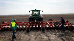 Ukrainian farmers plant sugar beet seeds on March 26, in Humnyska.