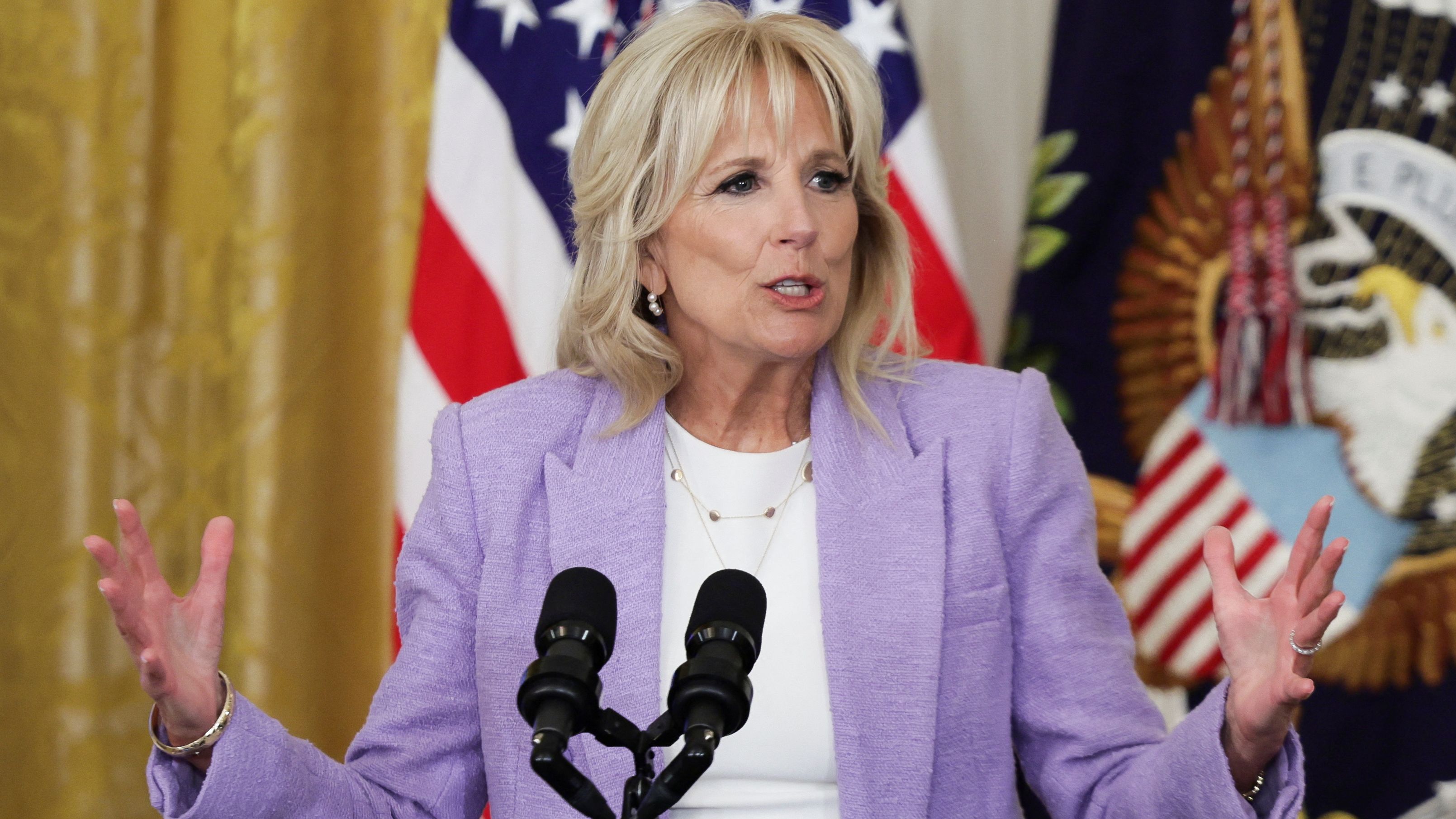 US first lady Jill Biden delivers remarks during the Council of Chief State School Officers' 2022 National and State Teachers of the Year event in the East Room at the White House, in Washington, April 27, 2022.