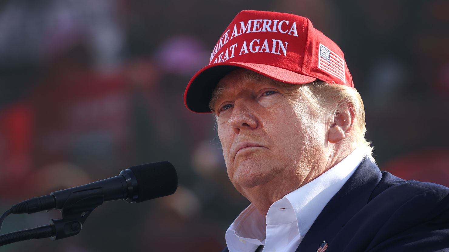 Former President Donald Trump speaks to supporters during a rally at the I-80 Speedway on May 01, 2022 in Greenwood, Nebraska. 