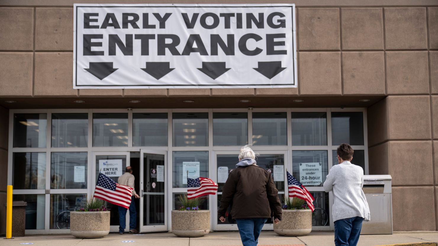 Voters arrive at a polling location in Columbus, Ohio, on April 26, 2022, to cast their ballots for the May 3 primaries.