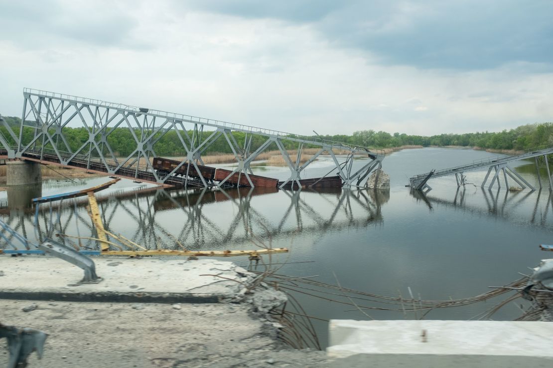 A destroyed railway bridge between Sloviansk and Lyman, where Russian forces are advancing.