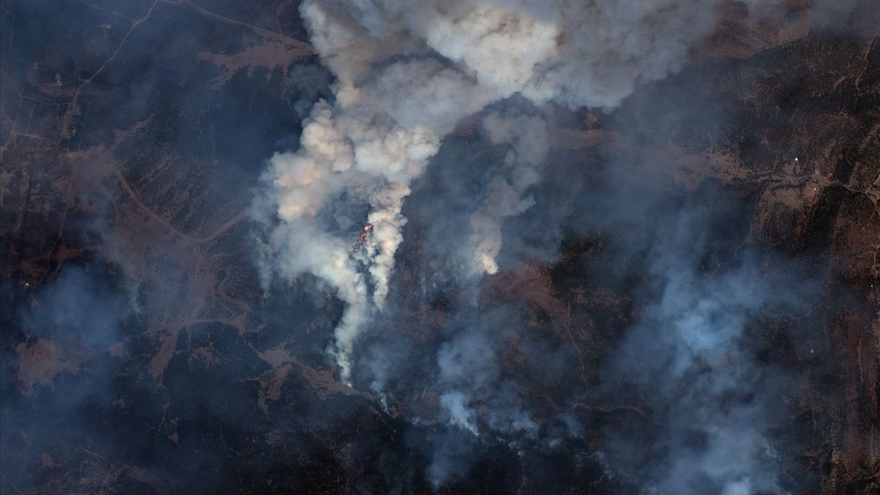 A satellite image showing the Hermit Peak fire east of Santa Fe, New Mexico, on Sunday, May 1.