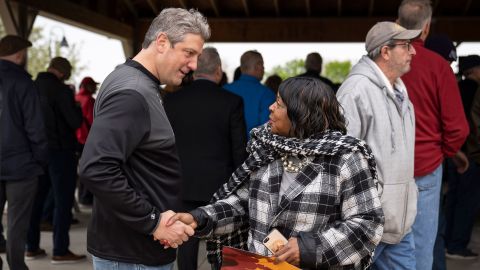 LORAIN , OH - MAY 2: U.S. Rep. Tim Ryan (D-OH), Democratic candidate for U.S. Senate in Ohio, greets supporters during a rally in support of the Bartlett Maritime project, a proposal to build a submarine service facility for the U.S. Navy, on May 2, 2022 in Lorain, Ohio. The rally was organized by the Ohio AFL-CIO, Ohio State Building and Construction Trades Council and the Bartlett Marine Corporation. According to organizers, the proposal would create thousands of jobs for the region. 