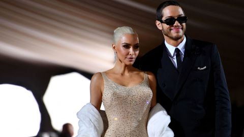 (L to R) Kim Kardashian and Pete Davidson arrive for the 2022 Met Gala at the Metropolitan Museum of Art on May 2 in New York City.