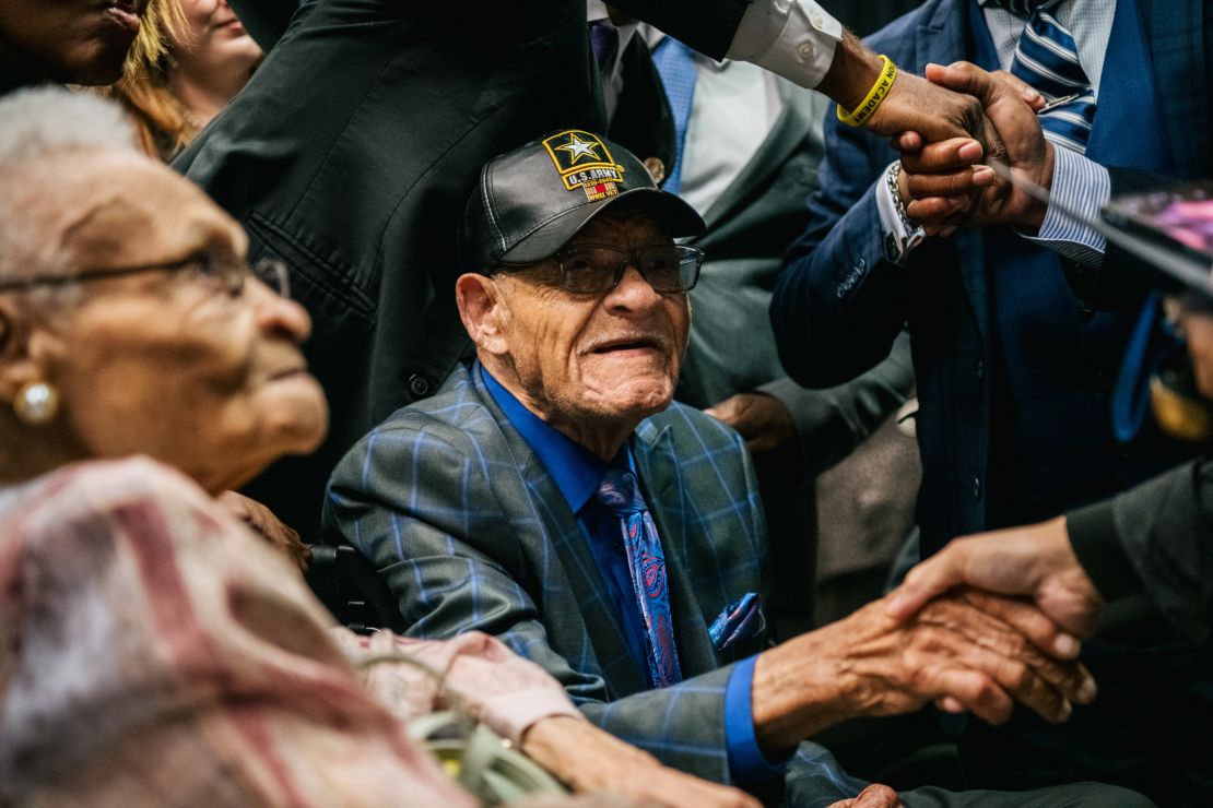 Hughes Van Ellis is greeted by Rev. Al Sharpton at a rally during commemorations of the 100th anniversary of the Tulsa Race Massacre on June 1, 2021.