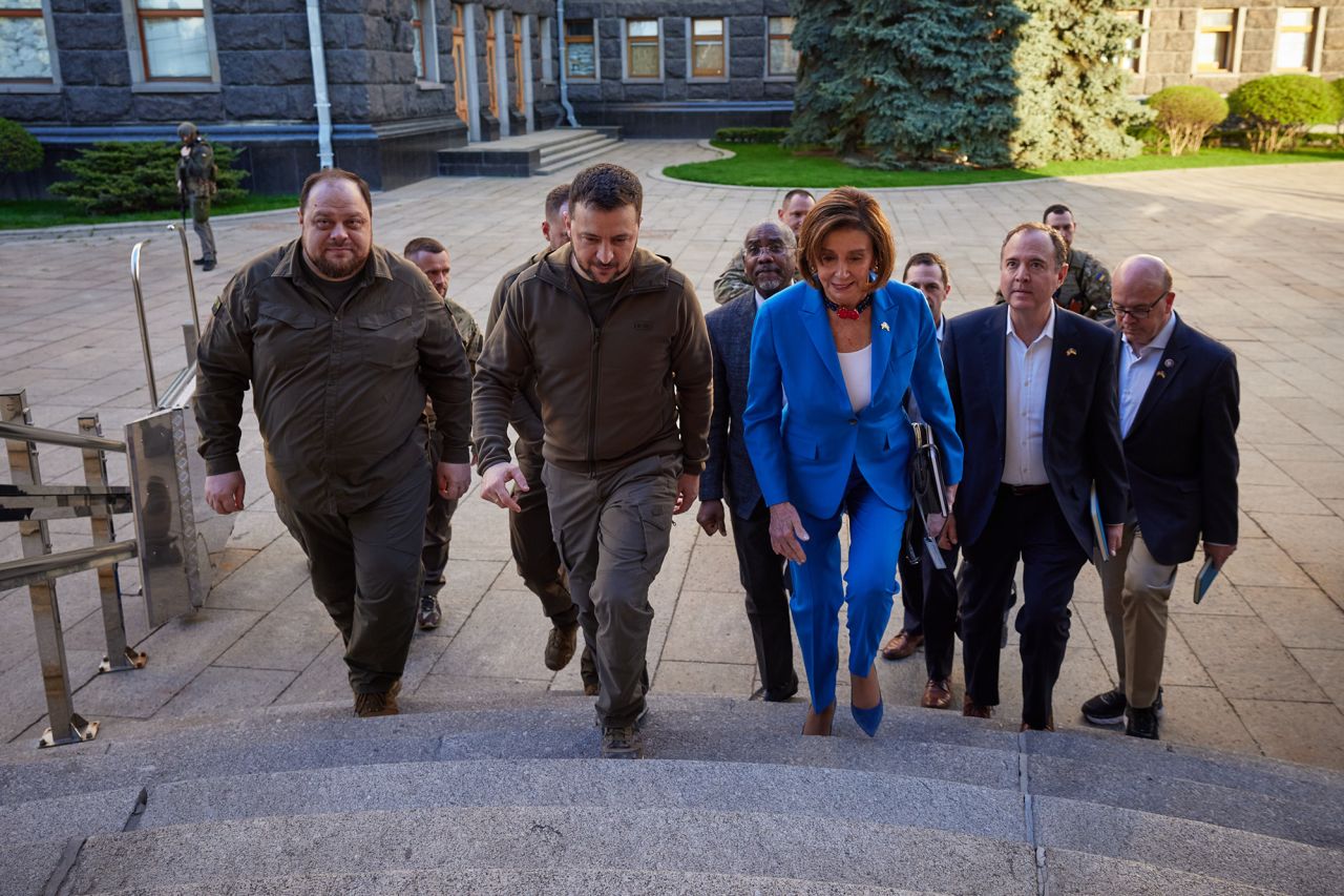Ukrainian President Volodymyr Zelensky, center, meets with US House Speaker Nancy Pelosi as a congressional delegation visited Kyiv on April 30. Pelosi is <a target=