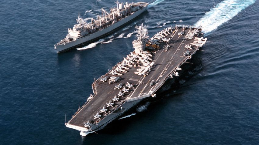 The Nuclear Powered Aircraft Carrier USS George Washington (Cvn 73) Breaks Away From The Fast Combat Support Ship USS Seattle (Aoe 3) Following A Replenishment At Sea In The Eastern Mediterranean. George Washington, Commanded By Capt. Lindell G. Rutherford And Her Embarked With Carrier Air Wing One (Cvw-1) Is Currently Deployed On A Scheduled Six Month Mediterranean Deployment . On November 14Th, President Clinton Ordered The George Washington And Elements Of Her Battle Group To Proceed To The Arabian Gulf To Support Un Efforts To Compel Iraqi Compliance With Un Resolutions, Joining The USS Nimitz Already On Station. U.S. Navy  (Photo By U.S. Navy/Getty Images)