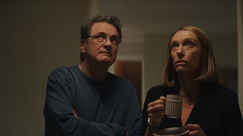 (From left) Colin Firth and Toni Collette are shown in a scene from "The Staircase" on HBO Max. 