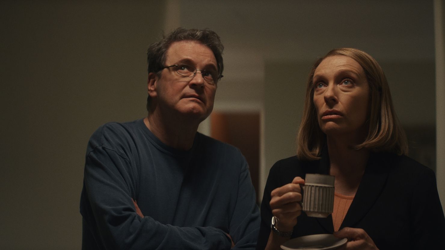 (From left) Colin Firth and Toni Collette are shown in a scene from "The Staircase" on HBO Max. 