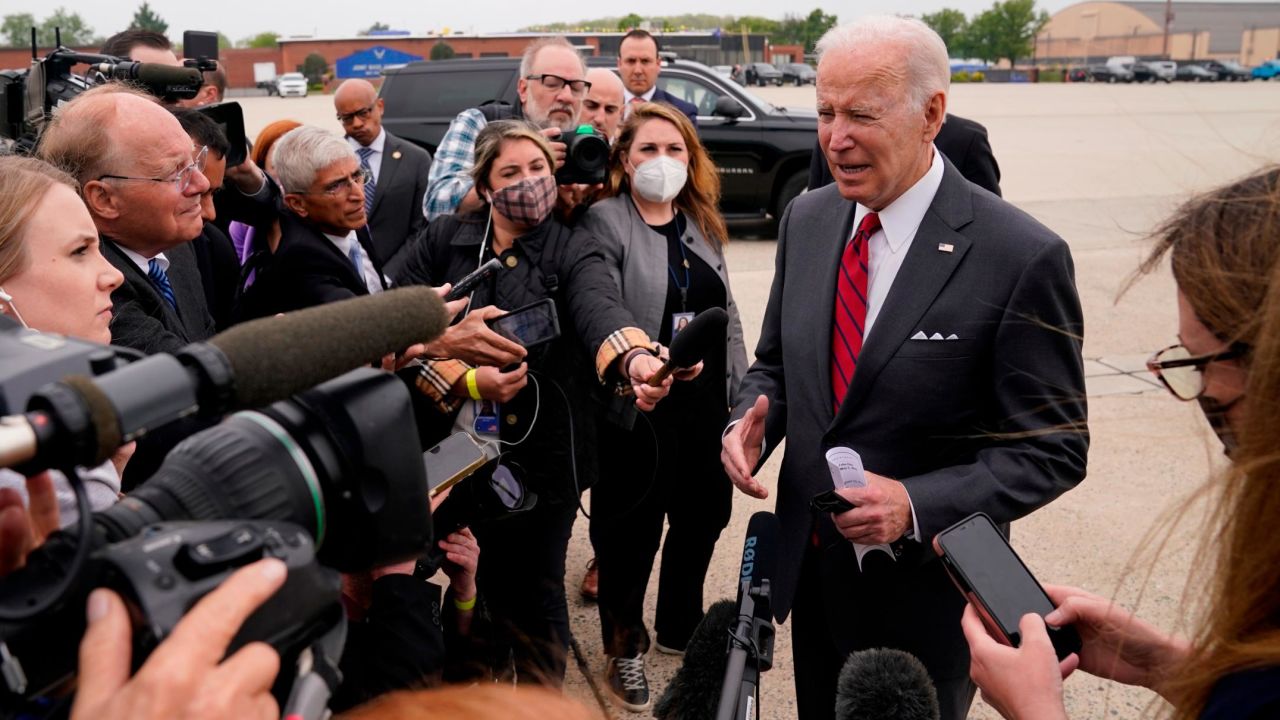 President Joe Biden speaks to the media before boarding Air Force One for a trip to Alabama to visit a Lockheed Martin plant, Tuesday, May 3, 2022, in Andrews Air Force Base, Md. (AP Photo/Evan Vucci)