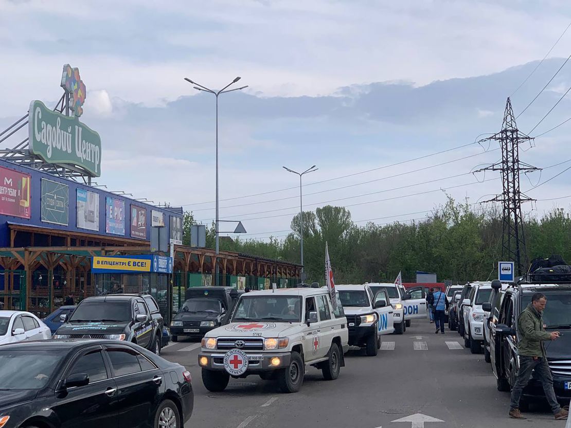 A convoy of evacuees from the besieged Azovstal steel plant arrive in Zaporizhzhia.