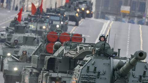 Russian military vehicles at a rehearsal parade on April 28.