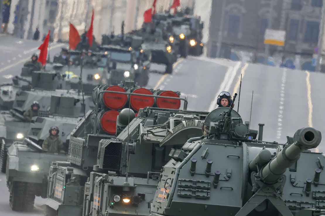 Russian military vehicles at a parade rehearsal on April 28.
