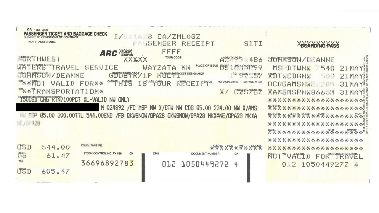 This receipt shared by one of Tracy Peck's tennis coaches shows the itinerary for their group's 1999 trip. They were on a flight from Amsterdam to Minneapolis on May 31. Part of the image has been redacted.
