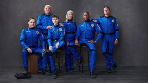 The passengers on Blue Origin's NS-19 flight in a hand out image from the company. Pictured from left to right: Dylan Taylor, Lane Bess, Cameron Bess, Laura Shepard Churchley, Michael Strahan, and Evan Dick.