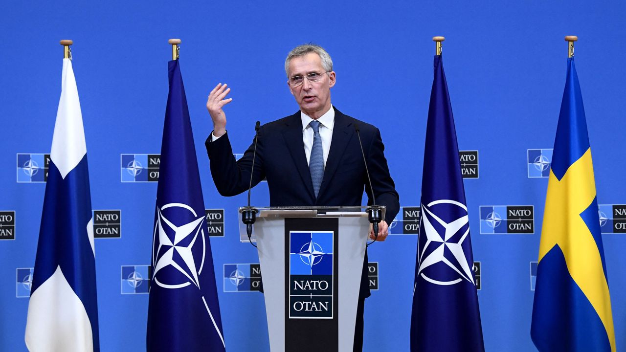 NATO Secretary General Jens Stoltenberg talks speaks during a joint press with Sweden and Finland's Foreign ministers after their meeting at the Nato headquarters in Brussels on January 24, 2022. 