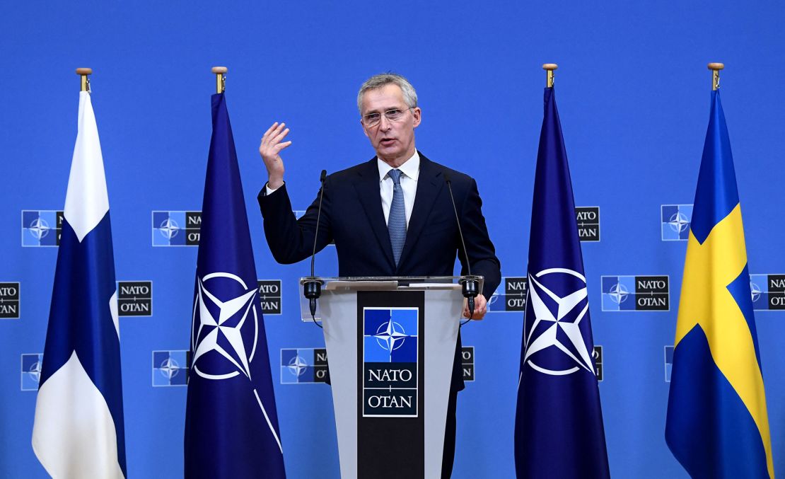 NATO Secretary General Jens Stoltenberg talks speaks during a joint press with Sweden and Finland's Foreign ministers after their meeting at the Nato headquarters in Brussels on January 24, 2022.