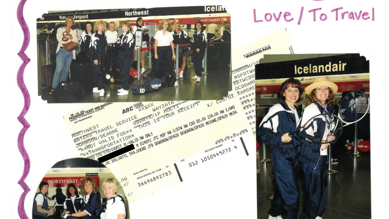 A page from Johnson's scrapbook shows the receipt and photos of the tennis tour group as they prepared to leave Minneapolis in May 1999. Part of the image has been redacted.
