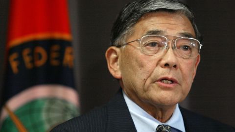 Secretary of Transportation Norman Mineta speaks to a group of airline executives during a meeting at the Federal Aviation Administration on August 4, 2004, in Washington.