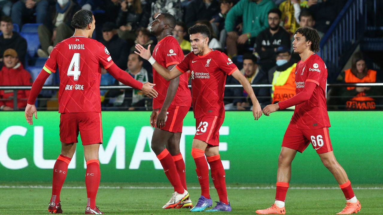 Liverpool's Luis Diaz (second right) celebrates after scoring his side's second goal during the Champions League semifinal, second leg against Villarreal.