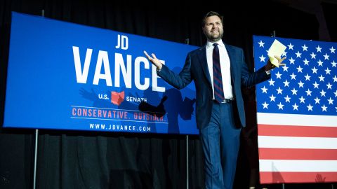 Republican US Senate candidate J.D. Vance arrives onstage after winning the primary, at an election night event at Duke Energy Convention Center on May 3, 2022 in Cincinnati, Ohio. 
