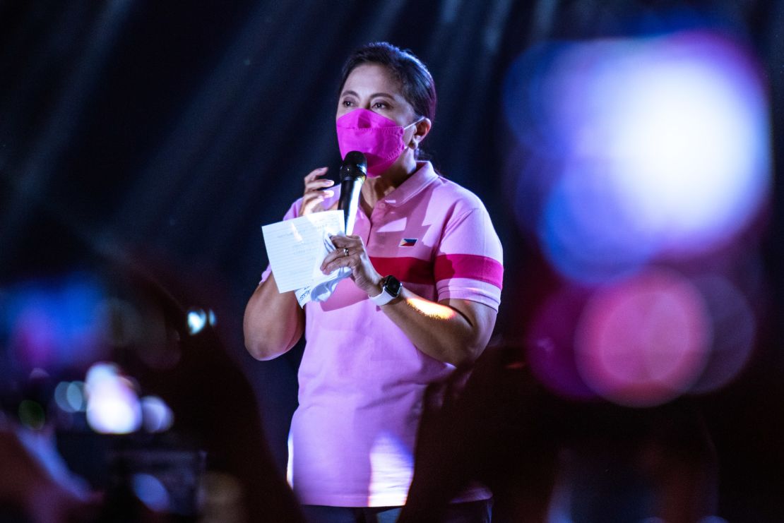 Philippines Vice President Leni Robredo addresses a crowd on May 1, 2022 in Manila.