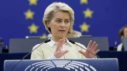 European Commission President Ursula von der Leyen delivers her speech during a debate on the social and economic consequences for the EU of the Russian war in Ukraine, Wednesday, May 4, 2022 at the European Parliament in Strasbourg, eastern France. (AP Photo/Jean-Francois Badias)