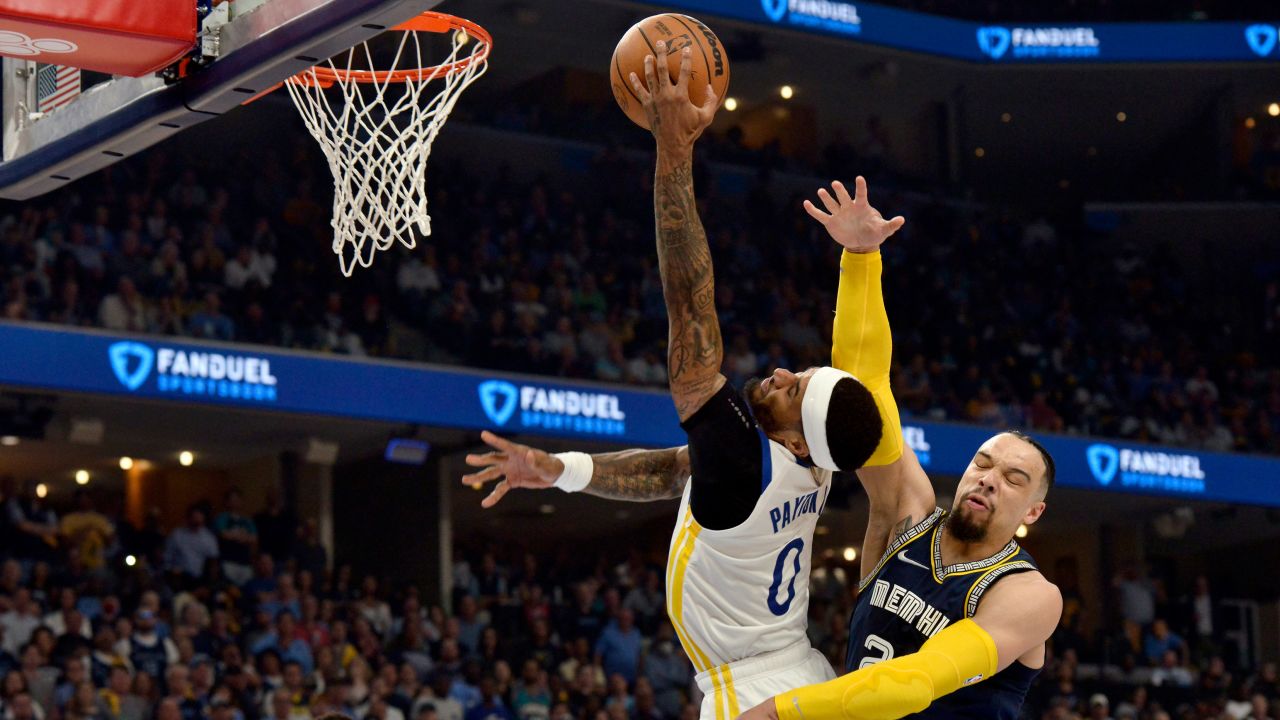 Grizzlies forward Dillon Brooks fouling Warriors guard Gary Payton II early on in Game 2. Brooks would be ejected for the play.
