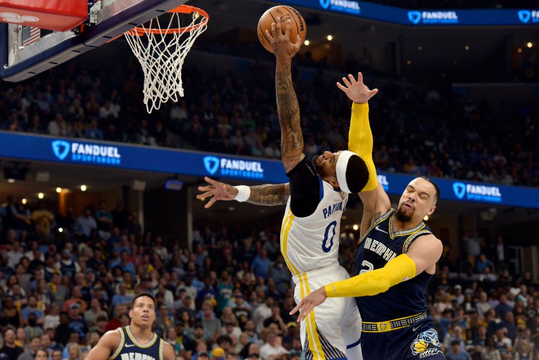 Grizzlies forward Dillon Brooks fouling Warriors guard Gary Payton II early on in Game 2. Brooks would be ejected for the play.