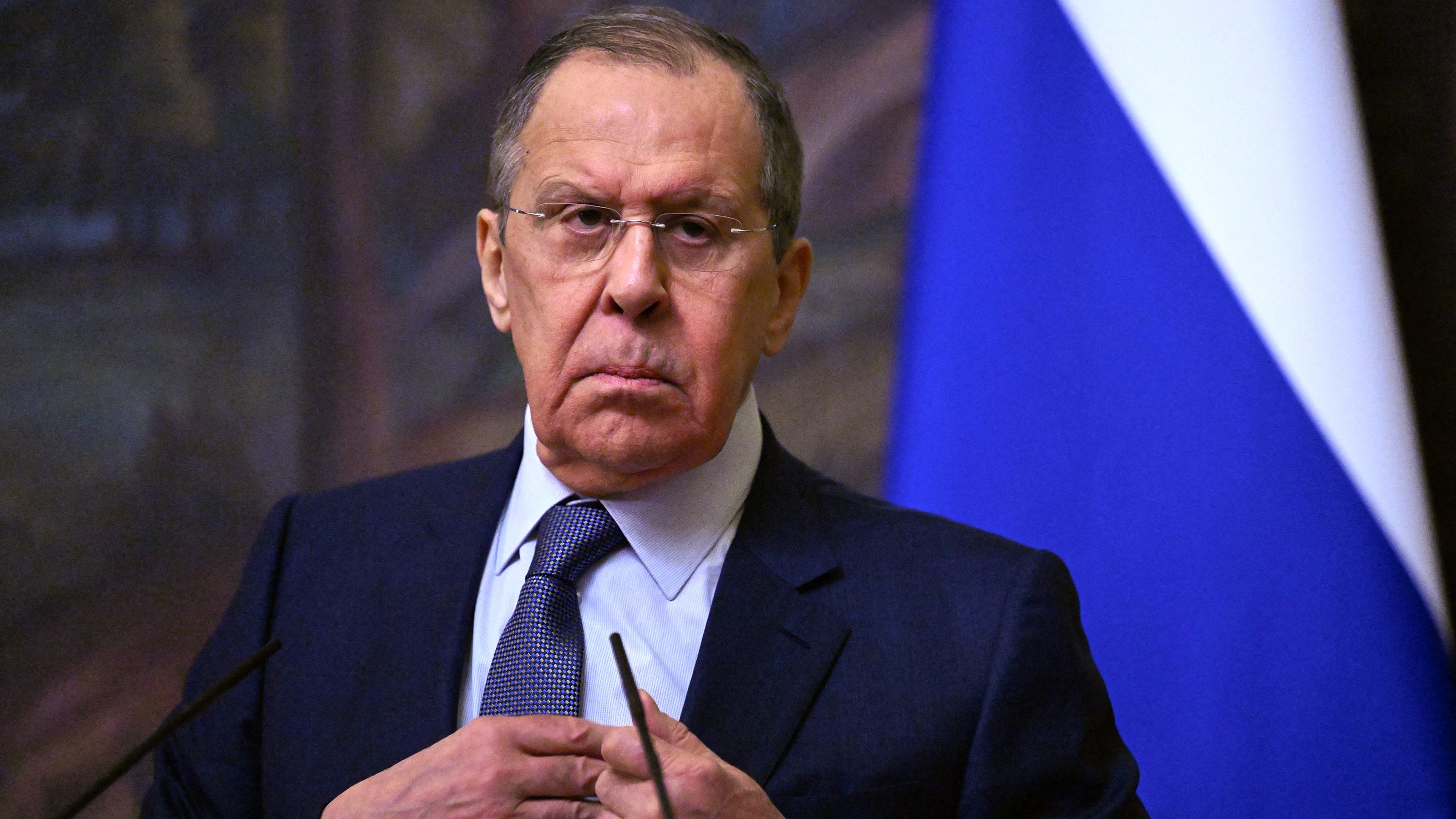 Russian Foreign Minister Sergei Lavrov attends a joint news conference with the International Committee of the Red Cross (ICRC) president following their talks in Moscow on March 24.