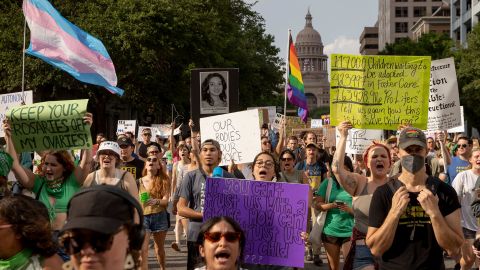 Protesters march from the Capitol to the United States Federal Courthouse to rally for abortion rights in Austin, Texas, Tuesday, May 3, 2022, in response to the news that the Supreme Court could be poised to overturn the landmark Roe v. Wade case that legalized abortion nationwide. 