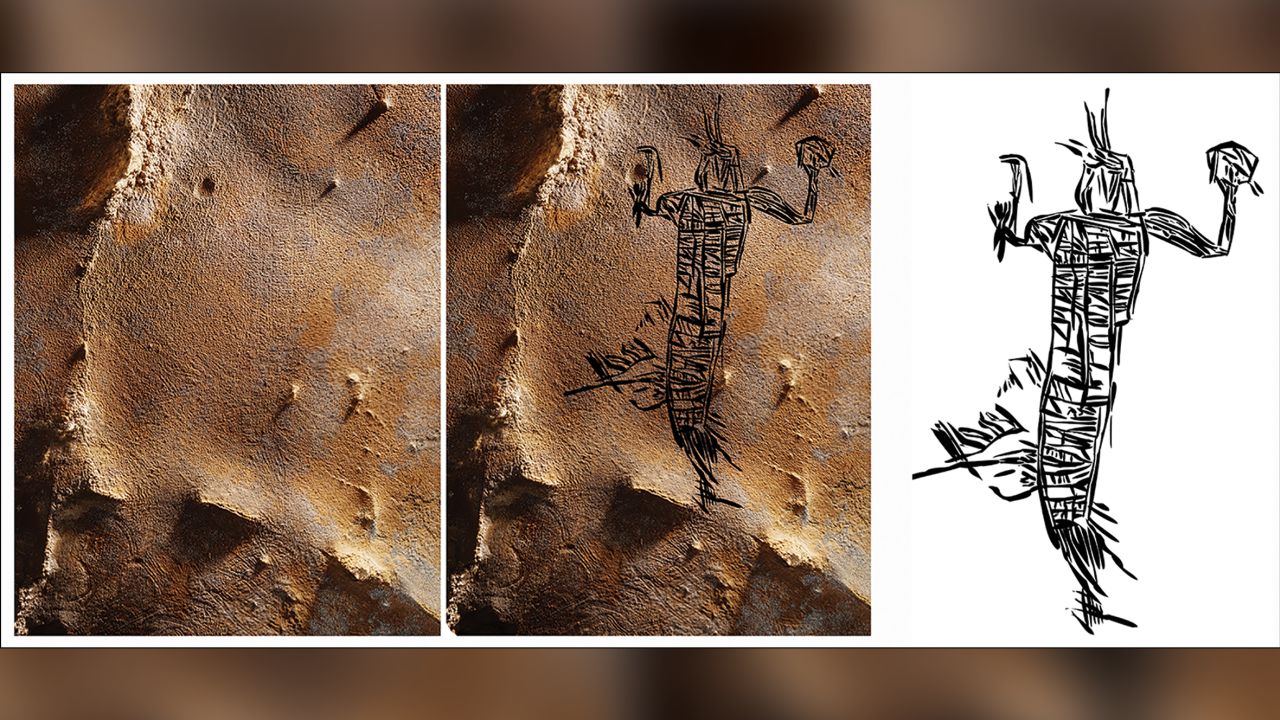 This tall humanlike figure appears to be wearing a complex costume.