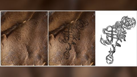 An enigmatic figure made of of swirling lines, with a round head and a possible rattlesnake tail, was one of four discovered in an Alabama cave.