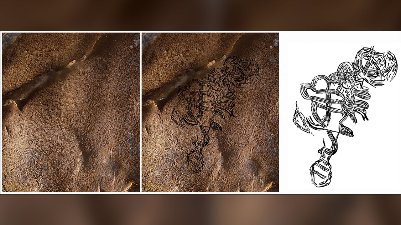 This enigmatic figure is largely composed of swirling lines, with a round head at one end and a possible rattlesnake tail at the other.