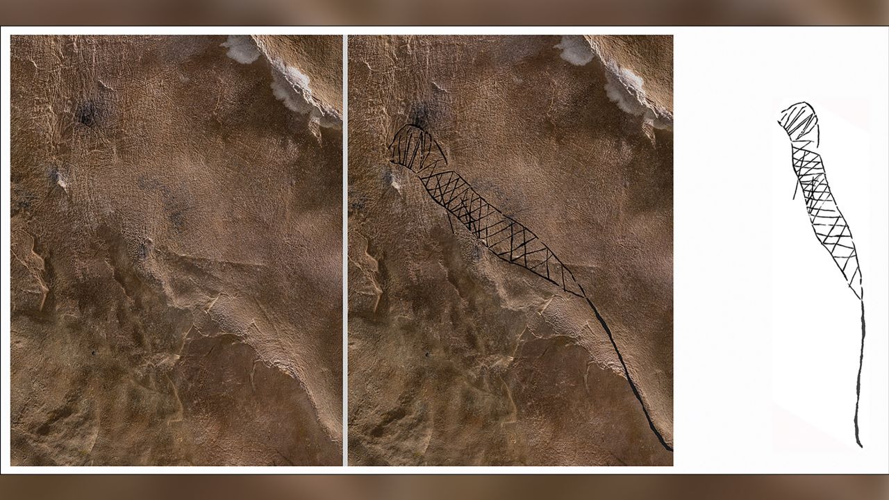 This serpentlike figure has a round head and diamond-shaped body markings that suggest it's a diamondback rattlesnake.