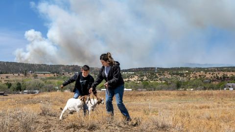 Brianna Valencia-Encinias and her son Lucas Encinias, 8, walk goats Tuesday in Las Vegas, New Mexico, as the Calf Canyon/Hermits Peak fire burns southwest of town.