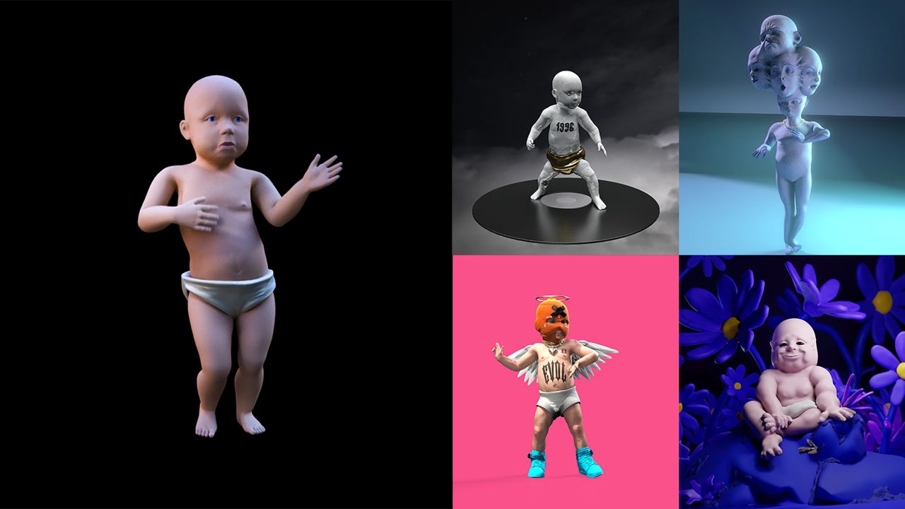 (Clockwise from left) The newly rendered original Dancing Baby, plus "remixes" from Kreationsministern, Yuuki Morita, Yonk and Kid Eight.