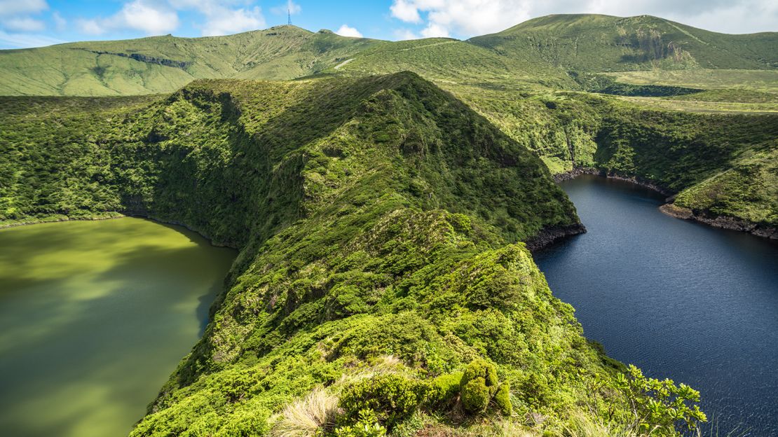 The side-by-side Lagoa Negra, left, and Lagoa Comprida make for a striking scene on Flores.